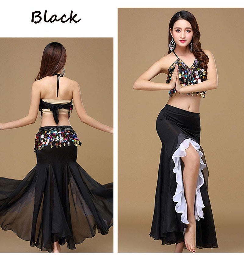 ORIDOOR Women's Belly Dance Dress Belly Dance Crop Top Bra Top and Belt Chiffon Dancing Skirts Costume 3-piece Outfit Black - Image 2